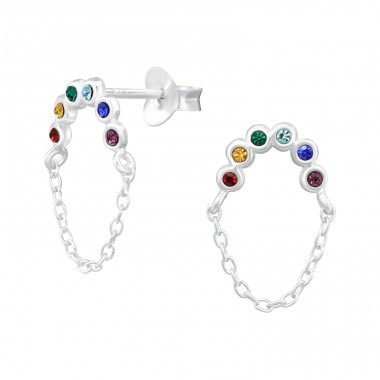Rainbow zirconia with chain - 925 Sterling Silver Ear Studs With Crystal Stones A4S46583