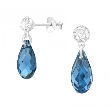 Blue Briollete with crystal - 925 Sterling Silver Ear Studs With Crystal Stones A4S46847
