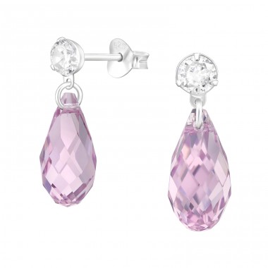 Lila Briollete with crystal - 925 Sterling Silver Ear Studs With Crystal Stones A4S46851