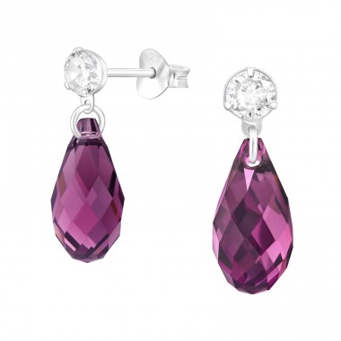 Purple Briollete with crystal - 925 Sterling Silver Ear Studs With Crystal Stones A4S46852