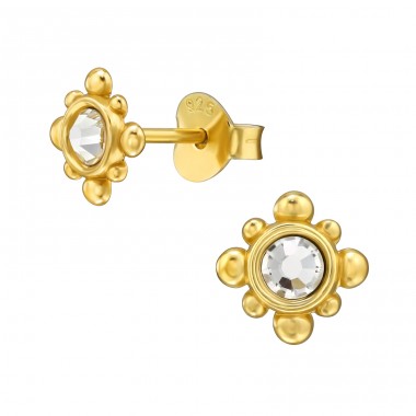 7 mm Sunburst with Crystal - 925 Sterling Silver Ear Studs With Crystal Stones A4S49551