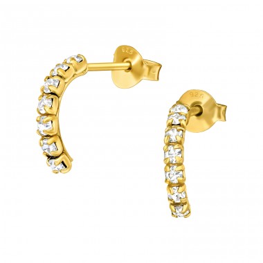Golden Semi Hoops - 925 Sterling Silver Ear Studs With Crystal Stones A4S49553