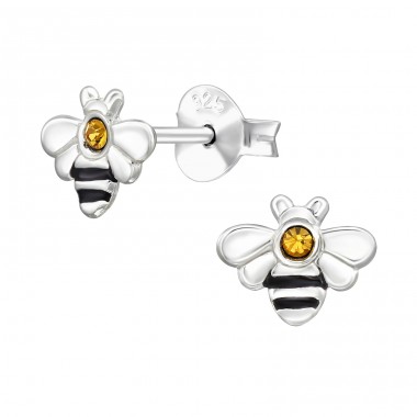 Bee with Crystal - 925 Sterling Silver Ear Studs With Crystal Stones A4S49697