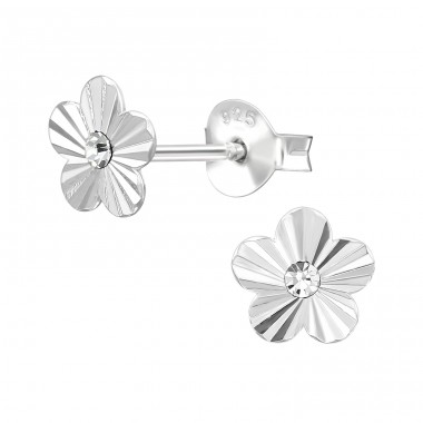 Flower Engraved with Crystal - 925 Sterling Silver Ear Studs With Crystal Stones A4S49698