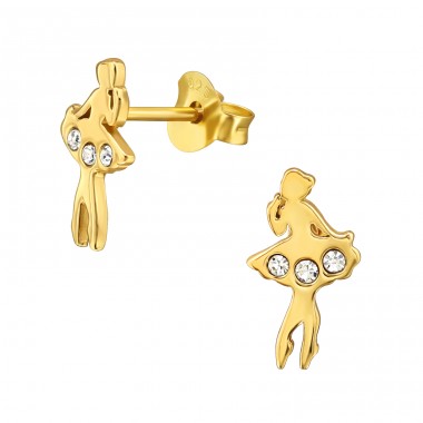 Golden Ballet Dancer with Crystals - 925 Sterling Silver Ear Studs With Crystal Stones A4S49730