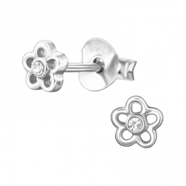 4 mm Flower with Crystal - 925 Sterling Silver Ear Studs With Crystal Stones A4S49897