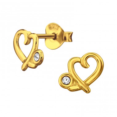Golden Irregular Shaped Heart with Zirconia - 925 Sterling Silver Ear Studs With Crystal Stones A4S50023