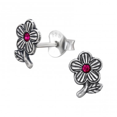 Blume oxidiert mit Kristall - 925Er Silber Ohrstecker Mit Kristall A4S50024