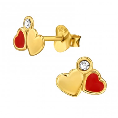 Golden Connected Hearts - 925 Sterling Silver Ear Studs With Crystal Stones A4S50074