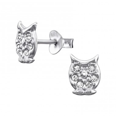8 mm Owl with Crystals - 925 Sterling Silver Ear Studs With Crystal Stones A4S50630