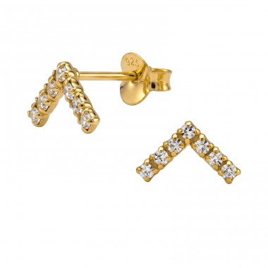Chevron with Crystals, Gold Plated - 925 Sterling Silver Ear Studs With Crystal Stones A4S50971