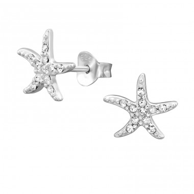 10 mm Starfish with Crystals - 925 Sterling Silver Ear Studs With Crystal Stones A4S51217