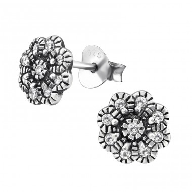Flower - 925 Sterling Silver Ear Studs with Zirconia stones A4S30814