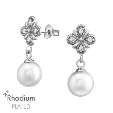 Flower Hanging Pearl Rhodium plated - 925 Sterling Silver Ear Studs With Zirconia Stones A4S38105