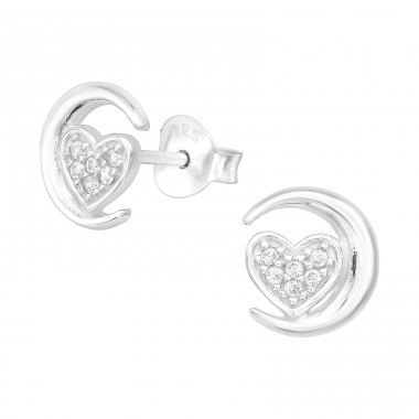 Moon & Heart - 925 Sterling Silver Ear Studs with Zirconia stones A4S38840