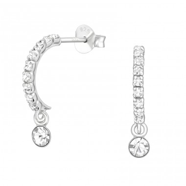 Half Hoop with hanging crystal - 925 Sterling Silver Ear Studs With Zirconia Stones A4S40728