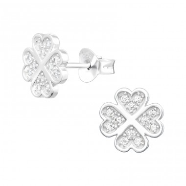 Lucky Four Leaf Clover - 925 Sterling Silver Ear Studs with Zirconia stones A4S41292