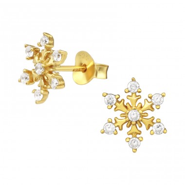 Golden Snowflake - 925 Sterling Silver Ear Studs With Zirconia Stones A4S41744