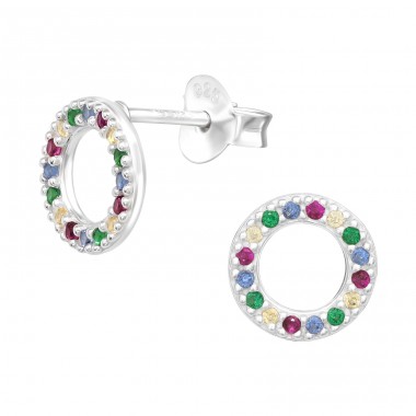 Multicolor Circle - 925 Sterling Silver Ear Studs With Zirconia Stones A4S42442