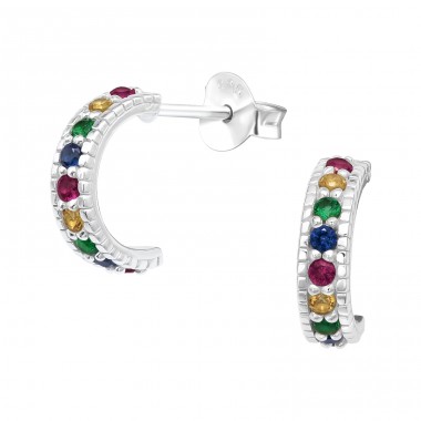 Multicolor Half Hoop - 925 Sterling Silver Ear Studs With Zirconia Stones A4S42446