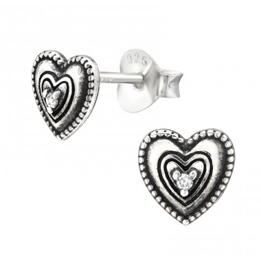 Antique multiple Hearts with stone - 925 Sterling Silver Ear Studs With Zirconia Stones A4S43309