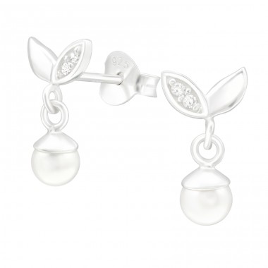 Leaves with a hanging white pearl - 925 Sterling Silver Ear Studs With Zirconia Stones A4S43410