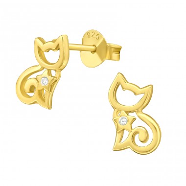 Vergoldete Katze mit Stern - Ohrstecker aus 925er Sterlingsilber mit Zirkon A4S43411