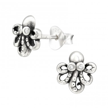 Octopus with big zirconia eyes - 925 Sterling Silver Ear Studs With Zirconia Stones A4S43553