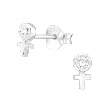Woman symbol / Femal gender sign - 925 Sterling Silver Ear Studs With Zirconia Stones A4S43559