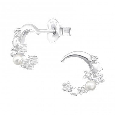 Moon & Star Zirconia with pearls - 925 Sterling Silver Ear Studs With Zirconia Stones A4S43734