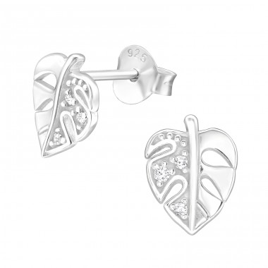 Leaf with their half filled with Zirconias - 925 Sterling Silver Ear Studs With Zirconia Stones A4S43738