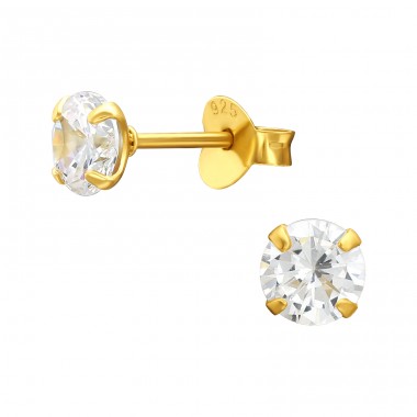 Golden 5mm Round - 925 Sterling Silver Ear Studs With Zirconia Stones A4S43805