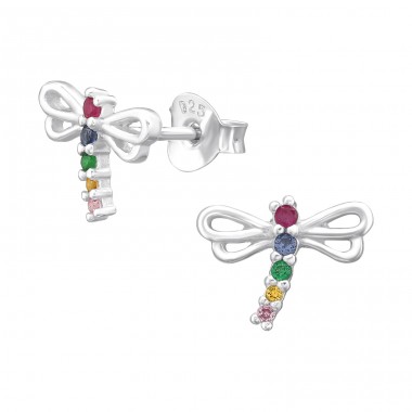 Dragonfly with muticolor zirconia - 925 Sterling Silver Ear Studs With Zirconia Stones A4S44017