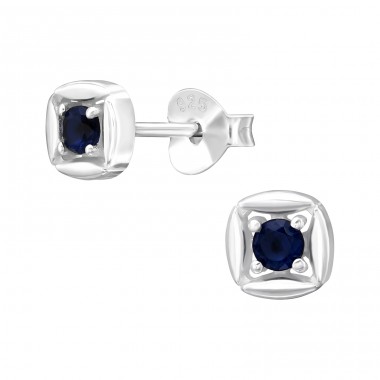 Round Dark sapphire Zirconia - 925 Sterling Silver Ear Studs With Zirconia Stones A4S44023