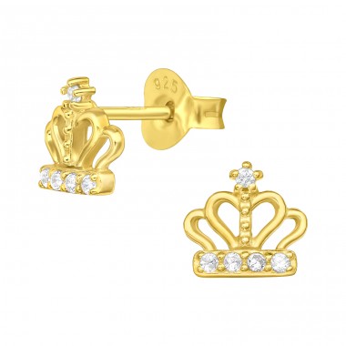 Golden Crown - 925 Sterling Silver Ear Studs With Zirconia Stones A4S44029