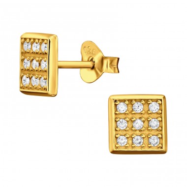 Golden Square with little zirconias - 925 Sterling Silver Ear Studs With Zirconia Stones A4S44672