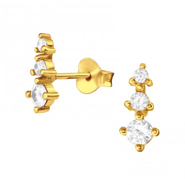 Golden 3x zirconias in line - 925 Sterling Silver Ear Studs With Zirconia Stones A4S44736