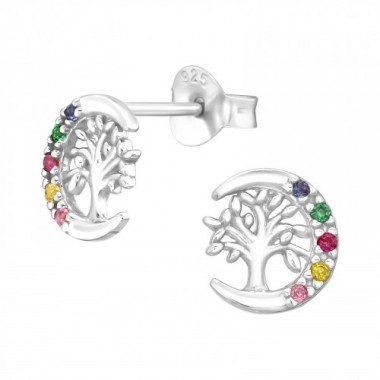 Tree Of Life And Crescent Moon - 925 Sterling Silver Ear Studs with Zirconia stones A4S44975