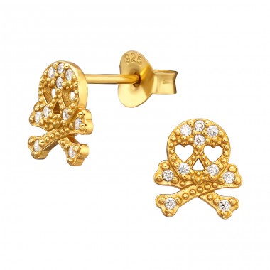 Golden Skull with zirconia - 925 Sterling Silver Ear Studs With Zirconia Stones A4S44977