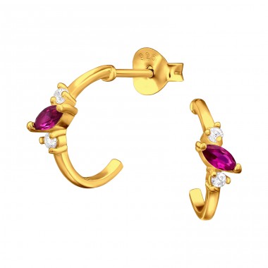Golden Half Hoop with marquise zirconias - 925 Sterling Silver Ear Studs With Zirconia Stones A4S44980