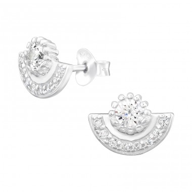 Half sun with stones - 925 Sterling Silver Ear Studs With Zirconia Stones A4S44995