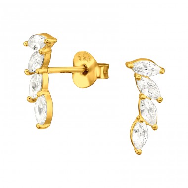 Golden Leaves - 925 Sterling Silver Ear Studs With Zirconia Stones A4S45335