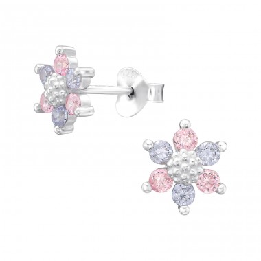 Two color Flower  - 925 Sterling Silver Ear Studs With Zirconia Stones A4S45341