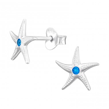 Starfish with blue Zirconia - 925 Sterling Silver Ear Studs With Zirconia Stones A4S45578