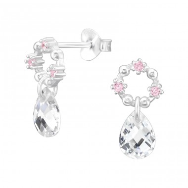 Circle with hanging Zirconia - 925 Sterling Silver Ear Studs With Zirconia Stones A4S45745