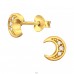 Golden Crescent Moon - 925 Sterling Silver Ear Studs With Zirconia Stones A4S45776