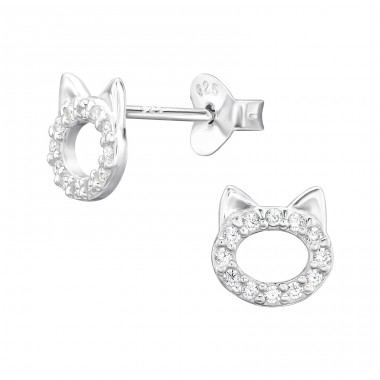 Cat face with zirconia - 925 Sterling Silver Ear Studs With Zirconia Stones A4S45884