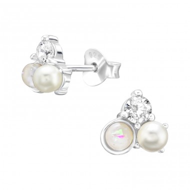 Trio Opal, Pearl and Zirconia - 925 Sterling Silver Ear Studs With Zirconia Stones A4S45887