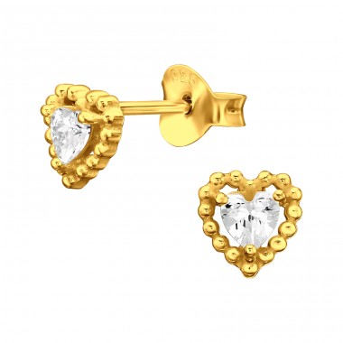 Golden Heart Zirconia - 925 Sterling Silver Ear Studs With Zirconia Stones A4S45958