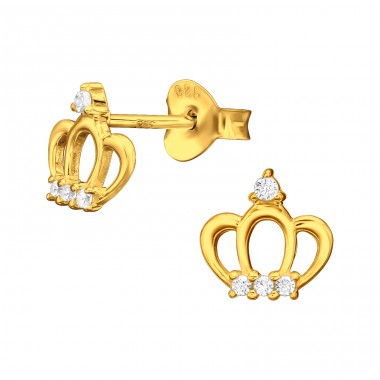 Golden Queen Crown - 925 Sterling Silver Ear Studs With Zirconia Stones A4S45960